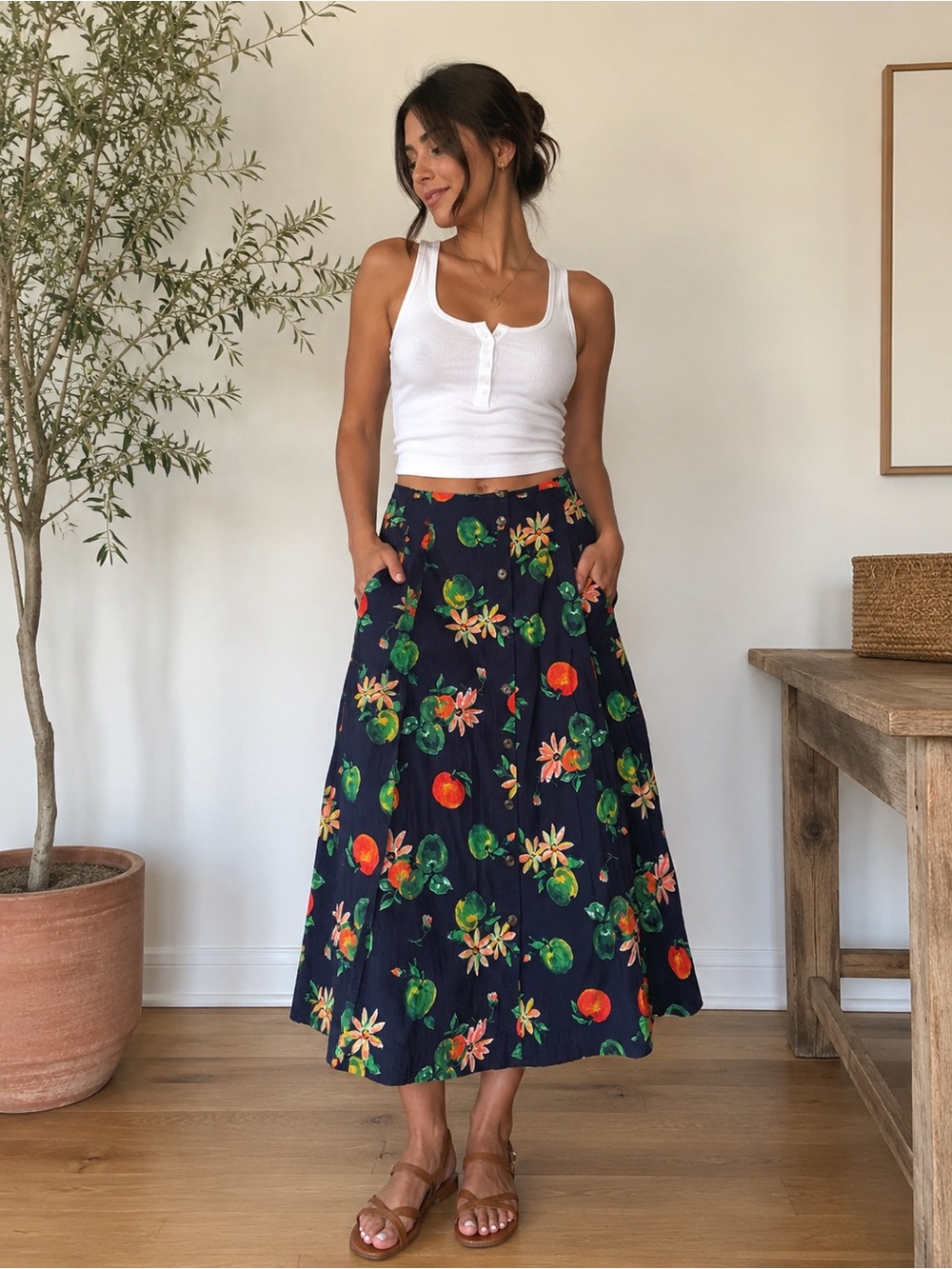 Damson Madder Organic Cotton Fruit Floral Button Front Midi Skirt UK 8 US 4